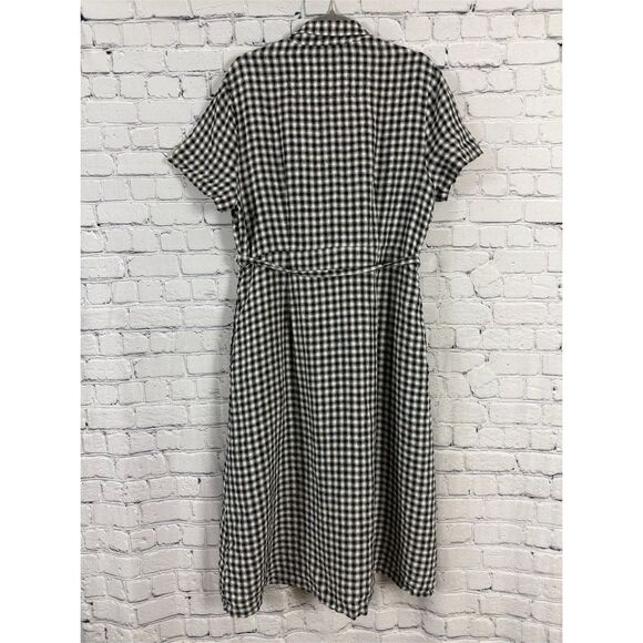 QUINCE 100% European Linen Button Front Dress Khaki Black Gingham L - Picture 10 of 13